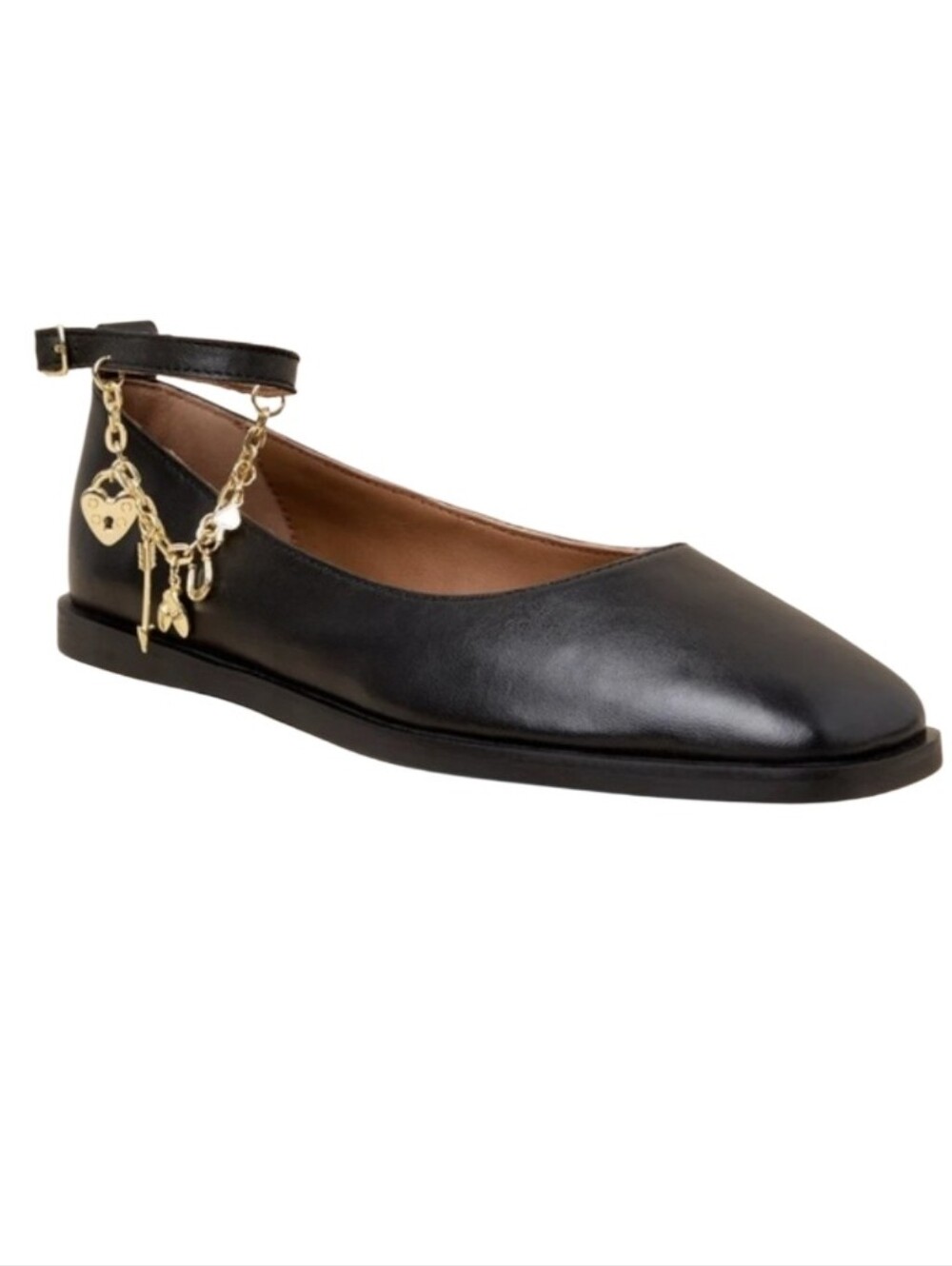 Free People Black Leather Ankle-Strap Charm Ballet Flat